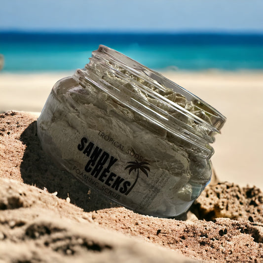 scrub in jar resting on sand by the ocean 