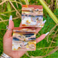 a person holding two multicolored bars of soap outdoors with tree in background.